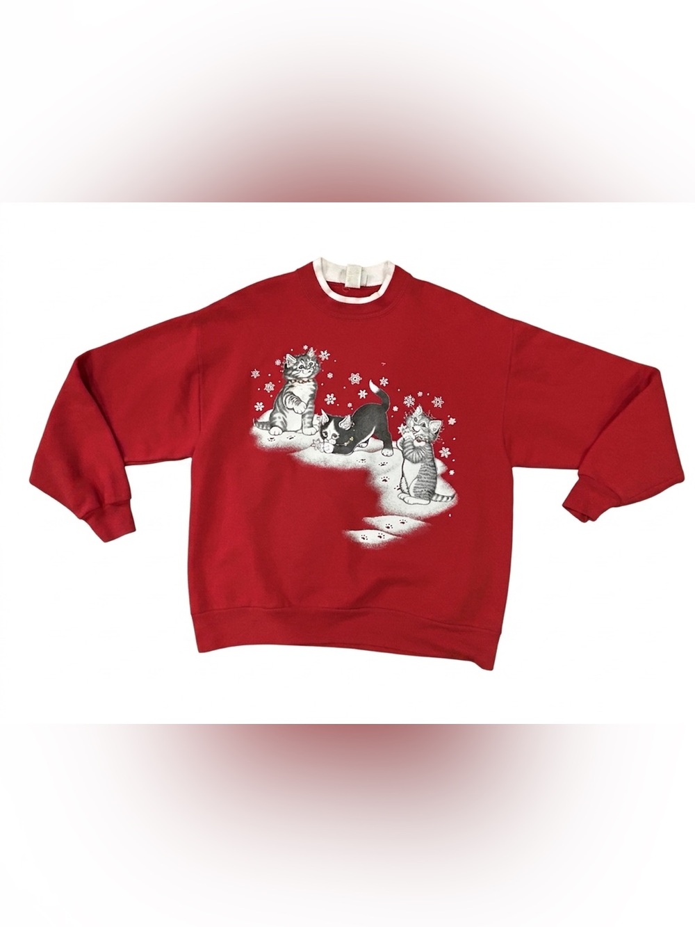 Vtg Day Breeze Ugly Christmas Sweater Cats Kittens Snow Snowflakes Red Mock Neck